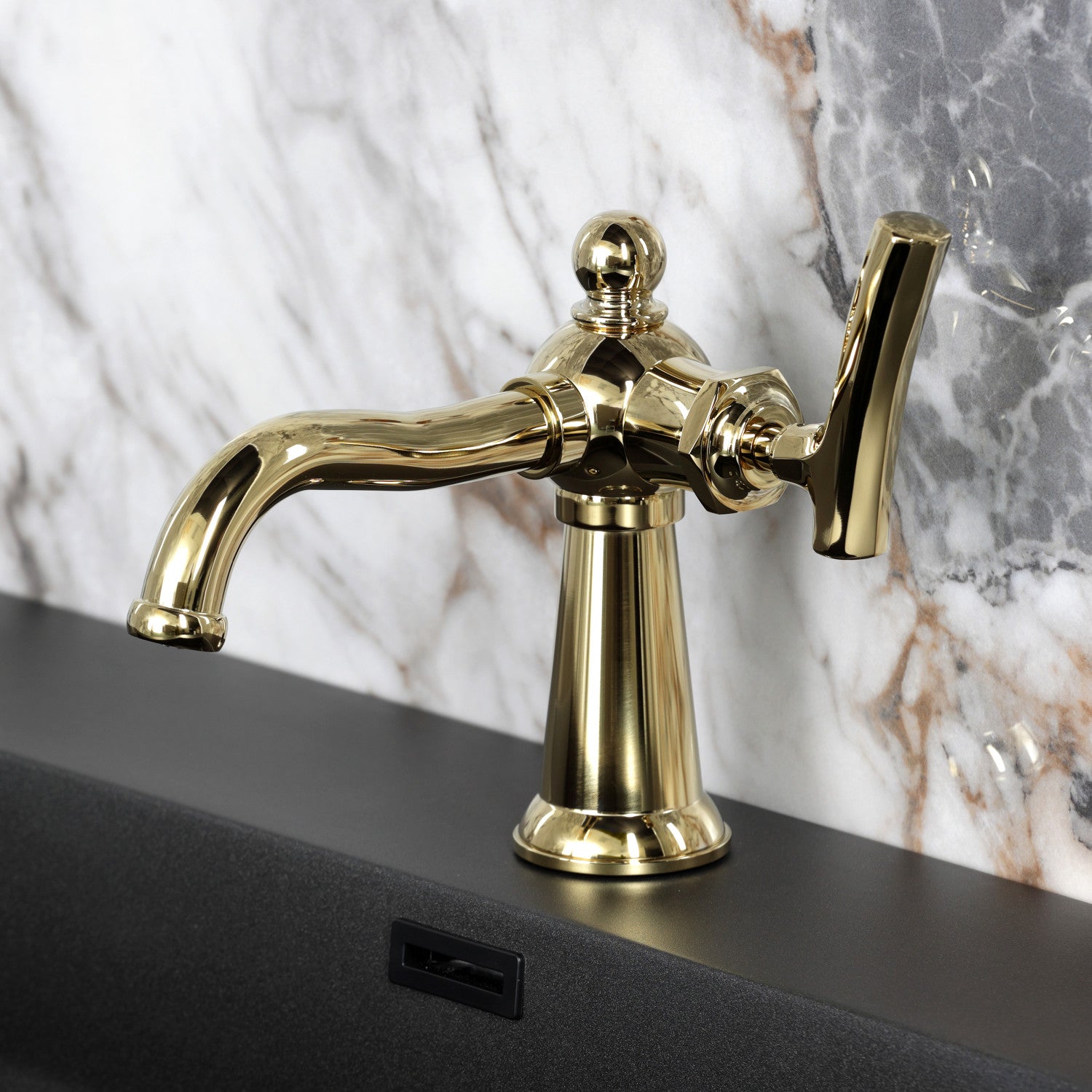 Kingston Tulare KS3542TKL - Hallerbos One-Handle 1-Hole Bathroom Faucet with Push Pop-Up Drain, Polished Brass — thumbnail 3